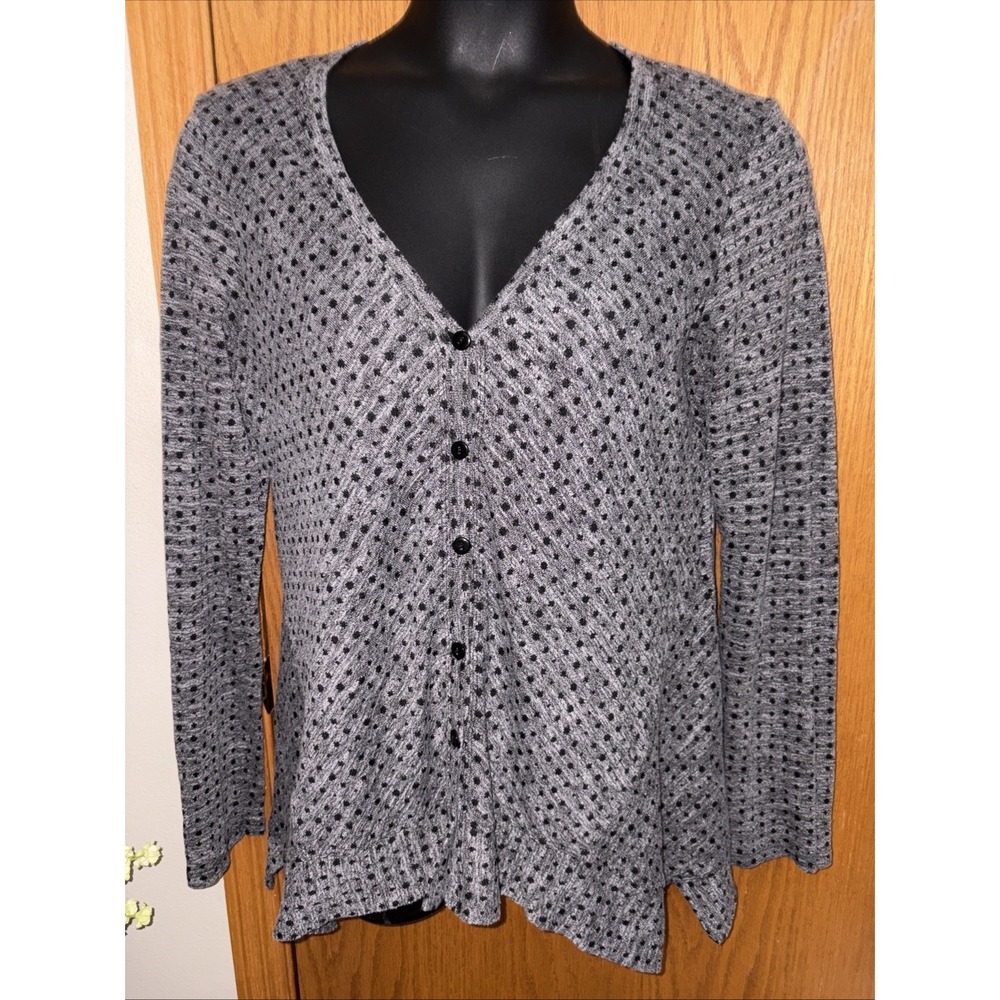 Cut Loose Gray & Black Polka Dot Knit Flared Hem Button Cardigan Large